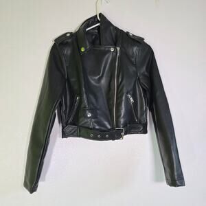 Forever 21 Faux Leather Moto Jacket Black Zip Up Belted Cropped XS